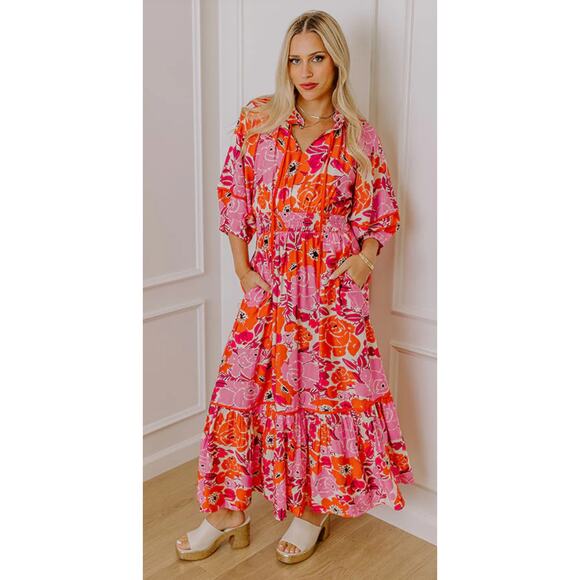 Entro Floral Tiered Maxi Dress  3/4 Sleeve Womens Large Pink Orange New Pockets - Picture 1 of 16